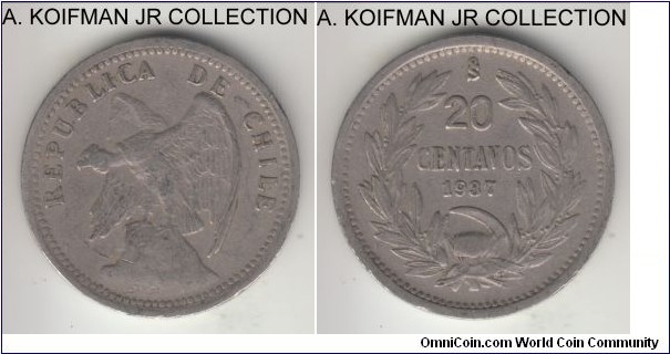 KM-167.3, 1937 Chile 20 centavos; copper-nickel, plain edge; common circulation coin, regular date variety, very fine or about.