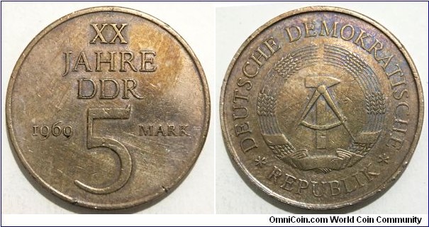 5 Mark (East Germany - Democratic Republic / 20th Anniversary of the founding of the DDR 1949-1969 // Nickel Brass)