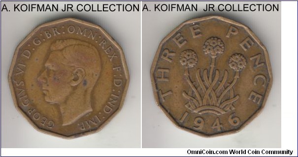 KM-849, 1946 Great Britain 3 pence; nickel-brass, 12-sided flan, George VI, scarcest year of the type with small mintage, average very fine.