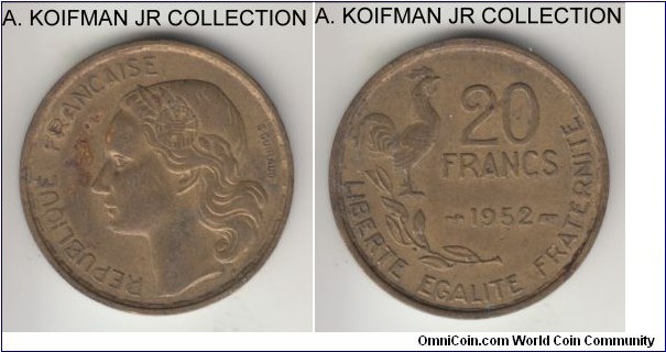KM-917.1, 1952 France 20 francs, Paris mint (no mint mark); aluminum-bronze, plain edge; 4 plums on the rooster, extra fine details, some dirt or flue in the field.