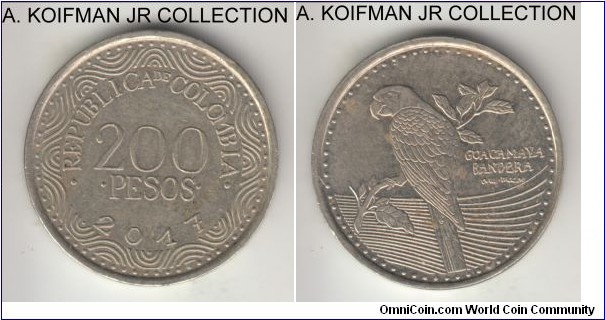 KM-297, 2017 Colombia 200 pesos; nickel-brass, lettered edge; modern circulation coinage depicting scarlet macaw, almost uncirculated.