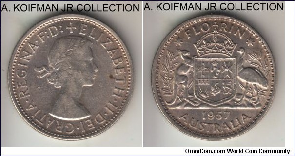 KM-60, 1957 Australia florin, Melbourne mint; silver, reeded edge; Elizabeth II, extra fine or almost.