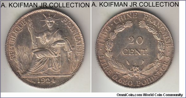 KM-17.1, 1924 French Indochina 20 cents, Paris mint (A mint mark); silver, reeded edge; nice coin, a bit weakly struck uncirculated.