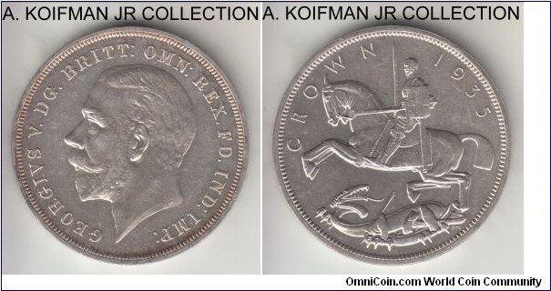 KM-842, 1935 Great Britain crown; silver, incuse lettered edge; George V, Silver Jubilee of the reign, so called Art Deco crown, uncirculated, with London Mint certificate of authenticity.