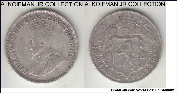 KM-15, 1921 Cyprus 4 1/2 piastres; silver, reeded edge; George V, 1-year type, very good or about.