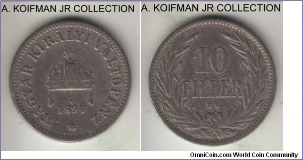 KM-482, 1894 Hungary (Austro-Hungarian Empire) 10 filler, Kremnitz mint (KB mint mark); nickel, reeded edge; Franz Joseph I, common issue and year, very fine or almost.