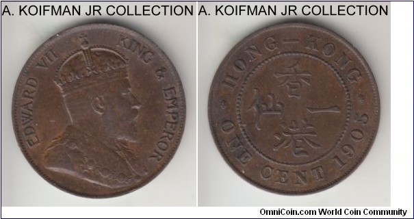 KM-11, 1905 Hong Kong, Royal Mint (no mint mark); bronze, plain edge; Edward VII, light brown extra fine or so, pleasant details.