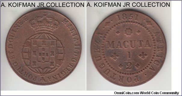 KM-56, 1851 Portuguese Angola (Colony) 1/2 macuta; copper, plain edge; Maria II, smaller mintage of the 3-year type, good fine to very fine details, cleaned.