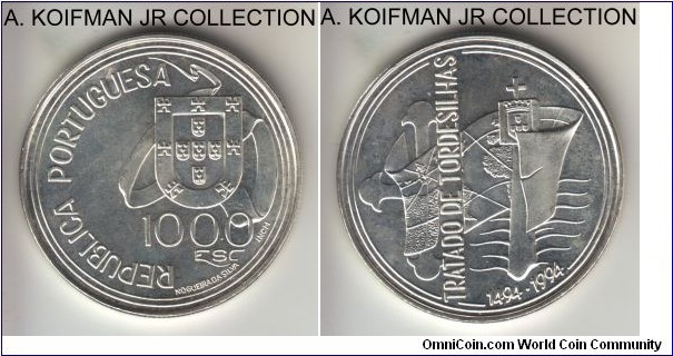 KM-675, ND (1994) Portugal 1000 escudos, INCM mint; silver, reeded edge; 500 year of the Treaty of Tordesilhas circulation commemorative, average uncirculated, light toning.