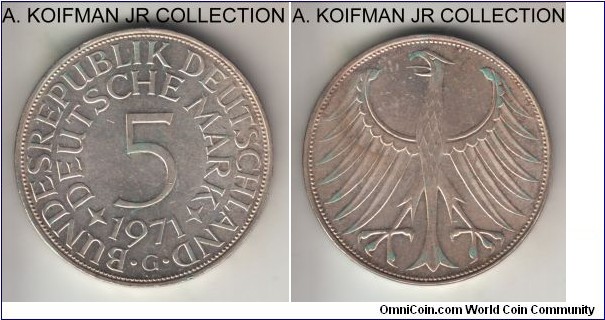 KM-112.1, 1971 Germany 5 marks, Karlshuhe mint (G mint mark); silver, lettered edge; circulation issue, nice almost uncirculated with bright and lustrous obverse and lightly toned reverse.