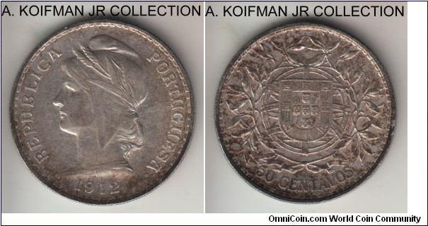 KM-561, 1912 Portugal 50 centavos; silver, reeded edge; early Republican coinage, first year of the type and smallest mintage, darker toned good very fine.