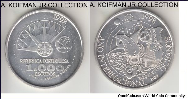KM-707, 1998 Portugal 1000 escudos; silver, reeded edge; International Year of the Oceans Expo 1998 circulation commemorative, nce bright uncirculated.