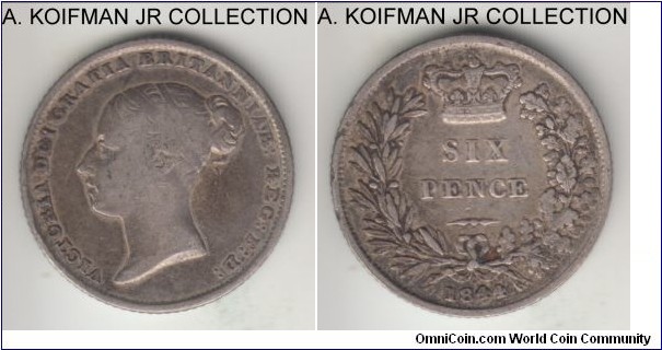 KM-733.1, 1844 Great Britain 6 pence; silver, reeded edge; early Victoria, very good or about, small 44 variety.
