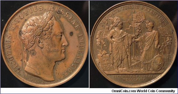 AE Medal 'Paece with Turkey' by H. Gube/Loos (Diakov487.1) - Obv. Portrait Nicholas I right / Rev. Russia offering olive branch to Turkey