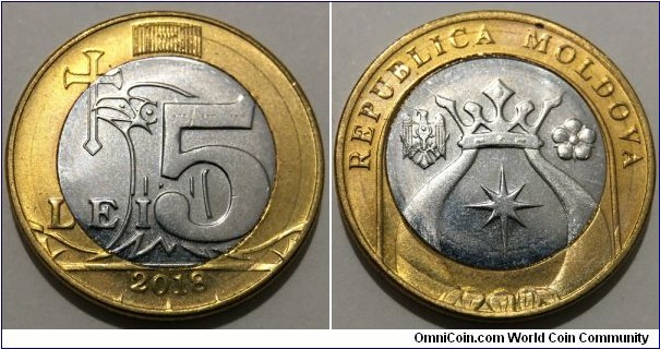 5 Lei (Republic of Moldova // Bimetallic: Nickel plated steel centre / Brass plated steel ring // Low Mintage: 40.000 pcs)
