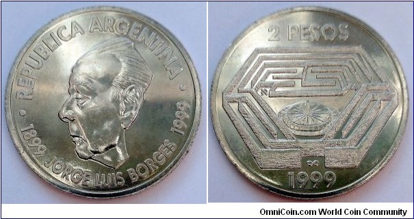 Argentina 2 pesos. 1999, 100th Anniversary - Birth of Jorge Luis Borges.