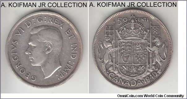 KM-36, 1940 Canada 50 cents; silver, reeded edge; George VI, average circulated and old cleaning.