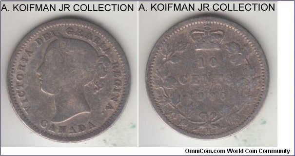KM-3, 1880 Canada 10 cents, Heaton mint (H mint mark); silver, reeded edge; Victoria, good to very good.
