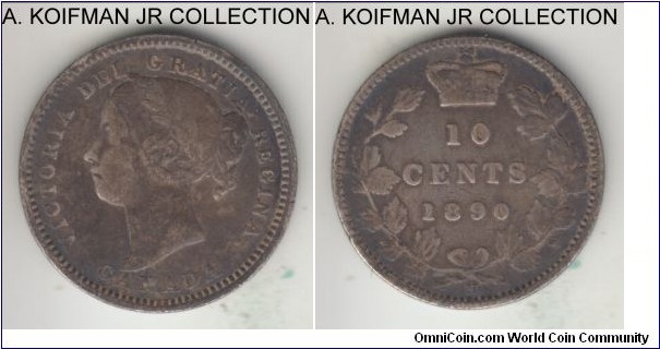 KM-3, 1890 Canada 10 cents, Heaton mint (H mint mark); silver, reeded edge; Victoria, one of the scarcer years with mintage of 450,000, dark toned fine to good fine.