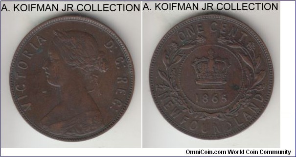 KM-1, 1865 Newfoundland cent, Royal mint (no mint mark); bronze, plain edge; Victoria, first year of Newfoundland standard coinage, nicer brown extra fine or almost.