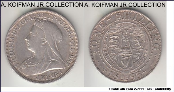 KM-780, 1893 Great Britain shilling; silver, reeded edge; Victoria, last, mature veiled head type, reverse is nice extra fine or almost, obverse is very fine or about and cleaned in the past.