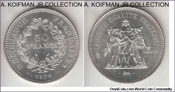 KM-941.1, 1974 France 50 francs; silver, raised lettered edge; Hercules design type, bright proof-like, possibly from the mint set, uncirculated.