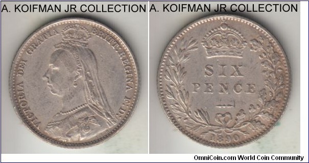 KM-760, 1890 Great Britain 6 pence; silver, reeded edge; Victoria, light toned extra fine or so.