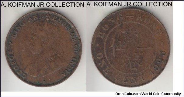 KM-16, 1925 Hong Kong cent, Royal mint (no mint mark); bronze, plain edge; George V, fine or so.
