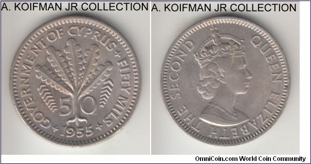KM-36, 1955 Cyprus (British rule) 50 mils; copper-nickel, reeded edge; Elizabeth II pre-independence, 1-year type, average uncirculated.