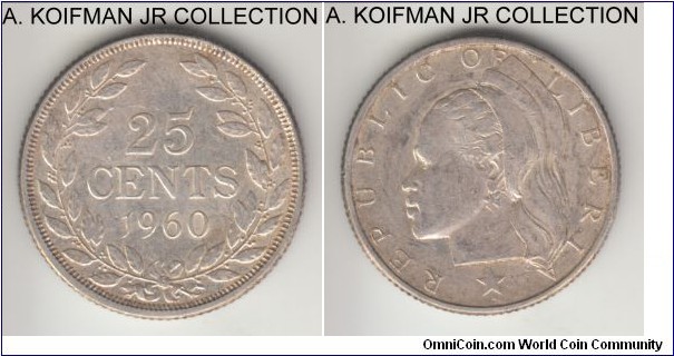 KM-16, 1960 Liberia 25 cents, Philadelphia (US) mint; silver, reeded edge; 2-year type and uncommon, lightly overall toned almost uncirculated.