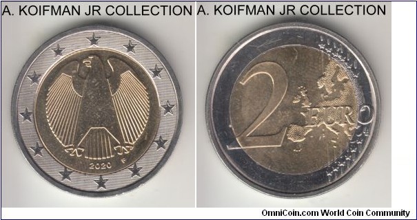 KM-258, 2020 Germany (Federal Republic) 2 euro, Stuttgart mint (F mint mark); bi-metallic, reeded with lettering edge; standard circulation issue, almost uncirculated.