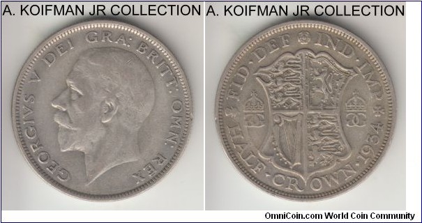 KM-835, 1934 Great Britain 1/2 crown; silver, reeded edge; George V, smaller and second smallest mintage year after 1930, average decent circulated.
