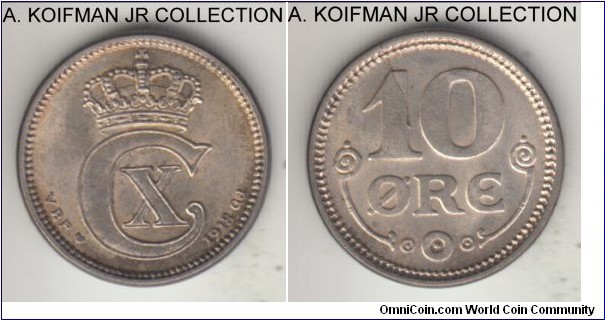 KM-818.1, 1918 Denmark 10 ore; silver, plain edge; Christian X, common but nice lustrous under light toning uncirculated specimen, small but visible die break over 1.