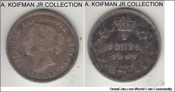 KM-2, 1882 Canada 5 cents, Heaton mint (H mint mark); silver, reeded edge; Victoria, fine or about, dark toned.