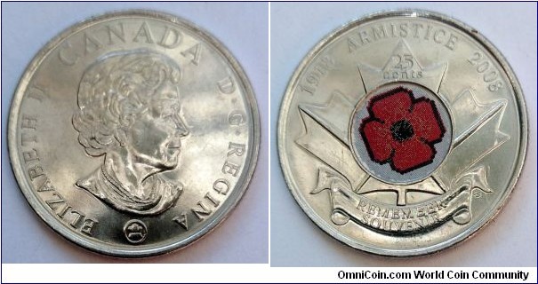 Canada 25 cents. 2008, Armistice Day.
