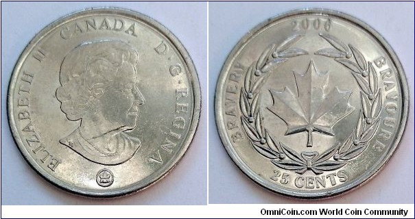 Canada 25 cents. 2006, Medal of Bravery.
