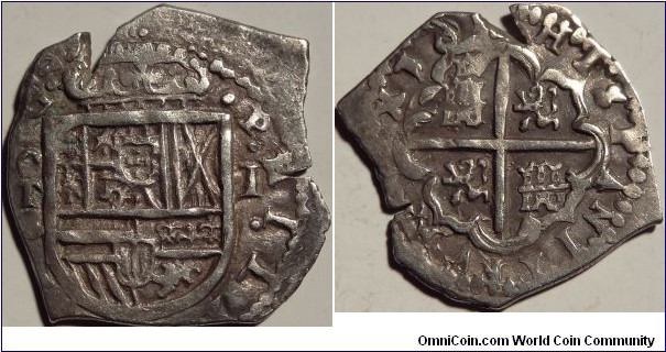 AR 1 Real Spain, Philip III, ca 1609. First 2 digits of the date are visible '16' 6 is backwards. Toledo Mint To C.