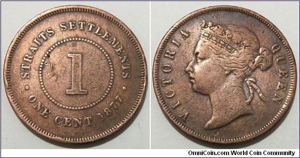 1 Cent (Straits Settlements / Crown Colony of British Empire / Queen Victoria // Copper 9.33g)
