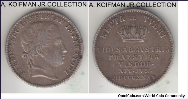 1836 Austria ducat sized silver coronation token; silver, plain edge, 18 mm; Ferdinand I coronation token, homage in Vienna, good very fine.