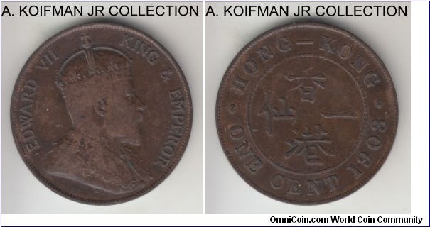 KM-11, 1903 Hong Kong, Royal Mint (no mint mark); bronze, plain edge; Edward VII, brown very fine.