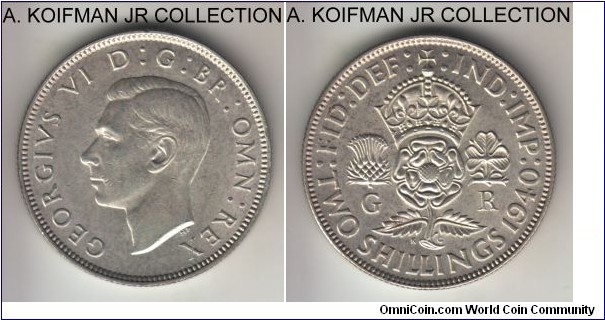 KM-855, 1940 Great Britain florin (2 shillings); silver, reeded edge; George VI, war time strike and common, white lightly toned average uncirculated.