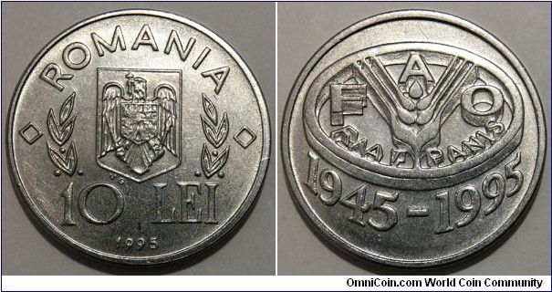 10 Lei (Romania, Post-Eastern Bloc Republic / 50th Anniversary of FAO // Nickel plated Steel / Mintage: 200.000 pcs) 