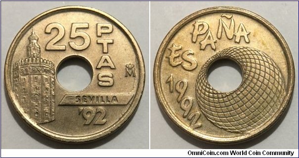 25 Pesetas (Kingdom of Spain / King Juan Carlos I / Seville Expo '92 - Torre del Oro // Aluminium-Bronze) 
