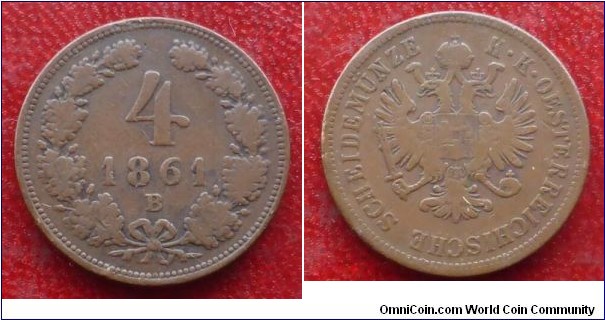 4 Kreuzer Mint Mark B=Kremnica (Kremnitz, Hungary)  1861 B was minted between 1861-1862