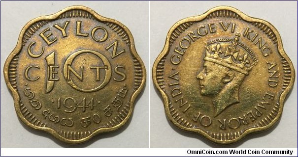 10 Cents (Ceylon - British Crown colony / King George VI // Nickel Brass)