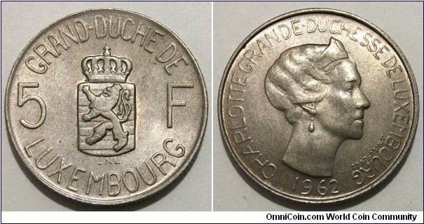 5 Francs (Grand Duchy of Luxembourg / Grand Duchess Charlotte // Copper-Nickel)
