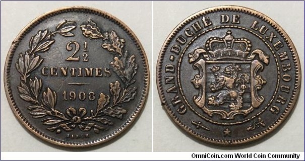 2½ Centimes (Grand Duchy of Luxembourg / Grand Duke William IV // Bronze 2.5g / Mintage: 400.000 pcs) 