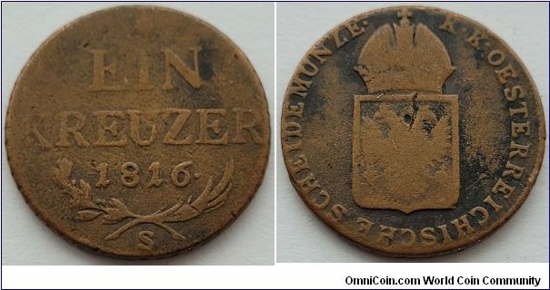 1 Kreuzer Mint Mark S=Schmolinitz (Smolnik, Hungary)