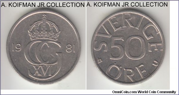 KM-855, 1981 Sweden 50 ore; copper-nickel, plain edge; Carl XVI Gustaf, average circulated.