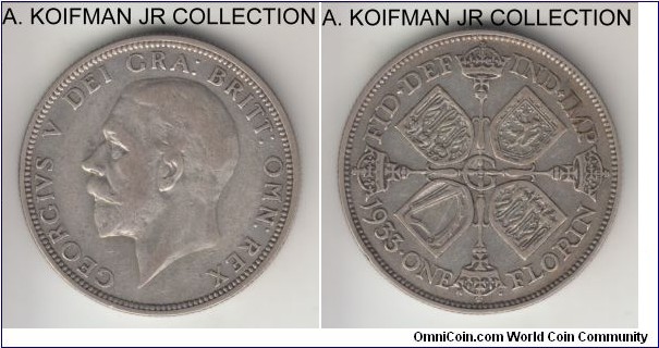 KM-834, 1933 Great Britain florin; silver, reeded edge; George V, very fine or almost.